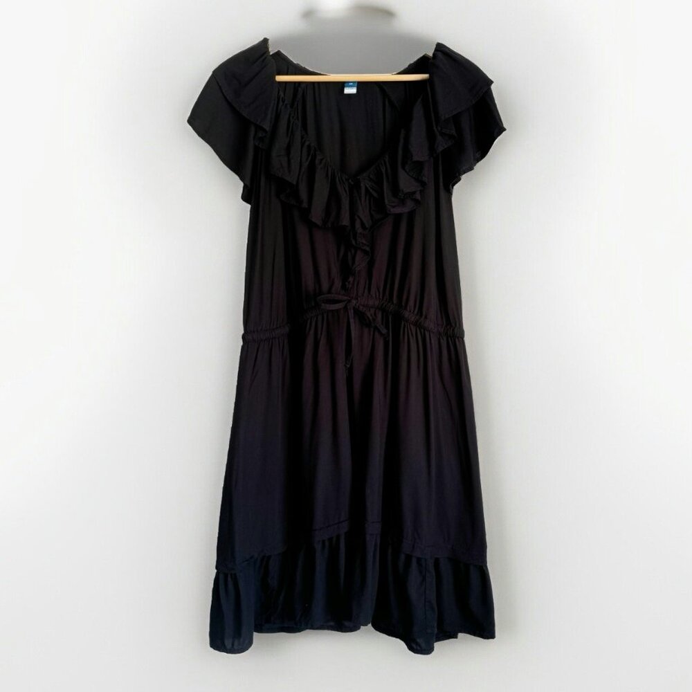 Old Navy Black Ruffle Rayon Peasant Tiered Midi Dress Size 2X Pockets Whimsgoth